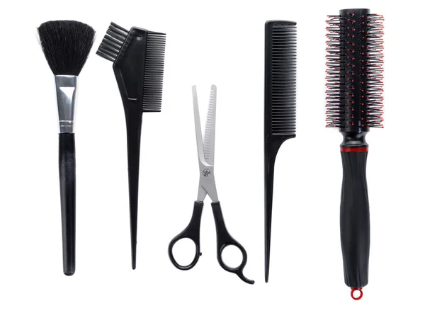 Professional hairdresser's set on white background, top view — Stock Photo, Image