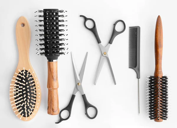 Professional hairdresser's set on white background, top view — Stock Photo, Image