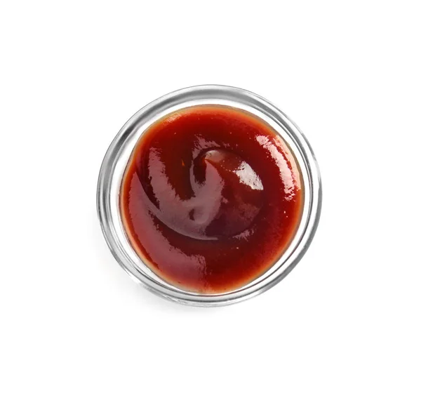 Bowl with barbecue sauce on white background — Stock Photo, Image