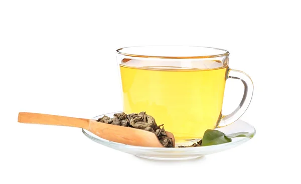 Taza de té verde caliente sobre fondo blanco — Foto de Stock