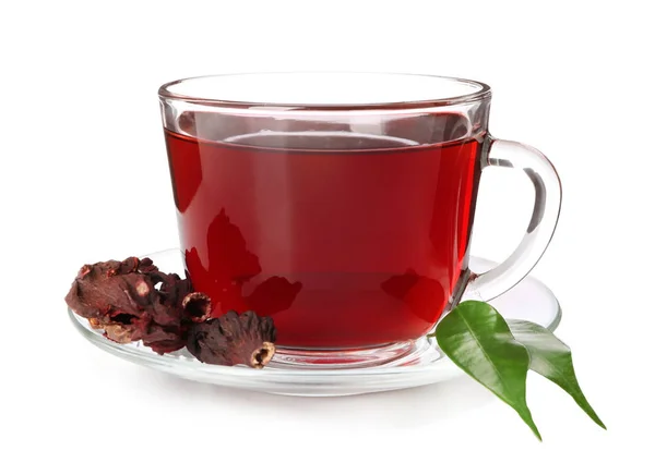 Cup of hot hibiscus tea on white background — Stock Photo, Image