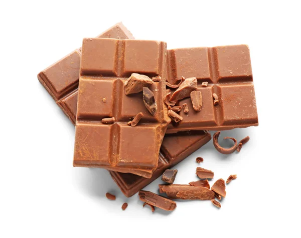 Delicioso chocolate com leite no fundo branco — Fotografia de Stock