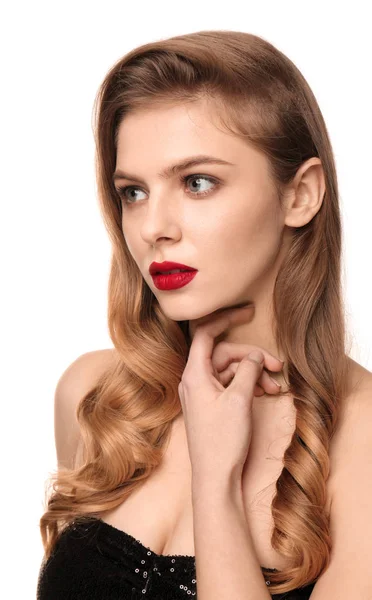 Porträt einer jungen Frau mit schönem Make-up auf weißem Hintergrund. professionelle Kosmetik — Stockfoto