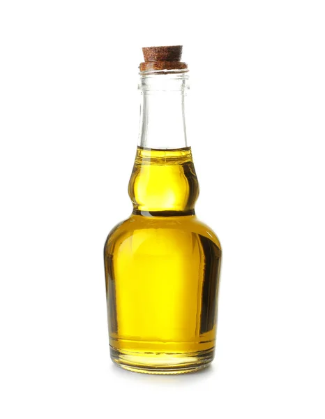 Glass bottle with olive oil on white background — Stock Photo, Image