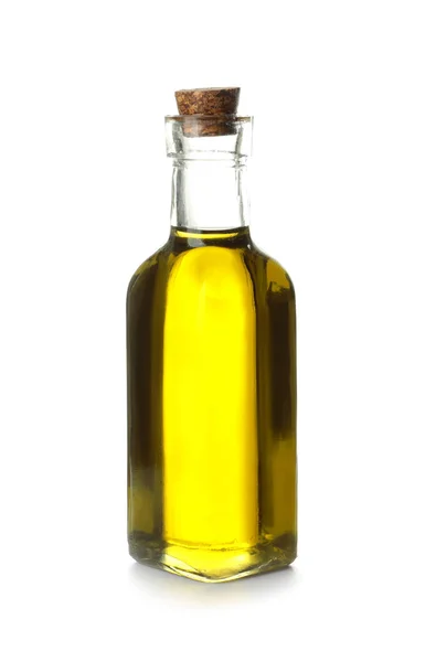 Botella de vidrio con aceite de oliva sobre fondo blanco — Foto de Stock