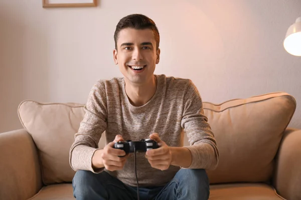 Young Man Playing Video Game Home — Stock Photo, Image