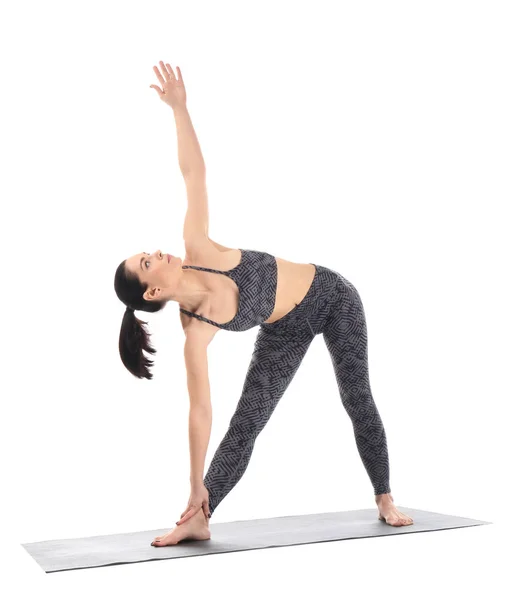 Mujer Joven Practicando Yoga Sobre Fondo Blanco — Foto de Stock