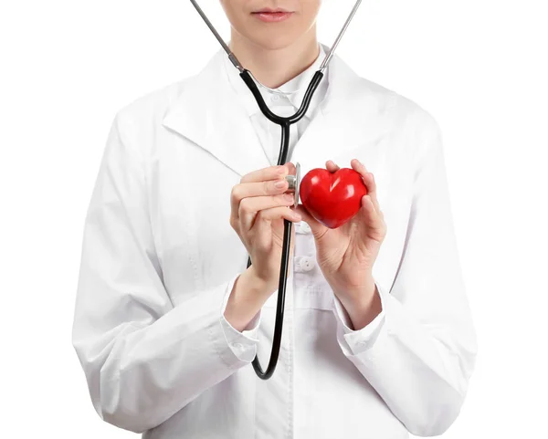 Female Doctor Stethoscope Red Heart White Background — Stock Photo, Image
