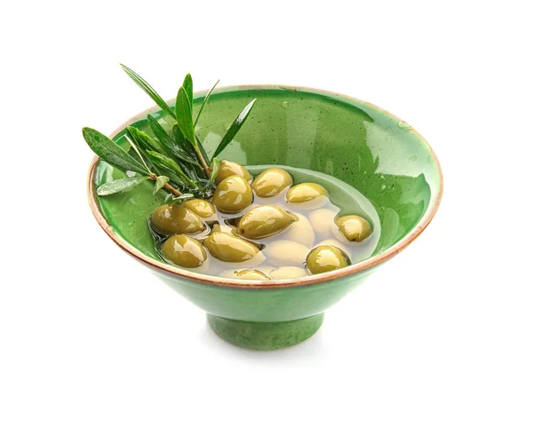 Bowl with oil and canned olives on white background — Stock Photo, Image