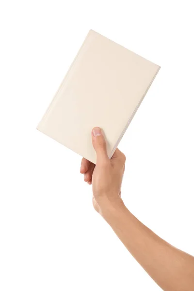 Mano maschile con libro su sfondo bianco — Foto Stock