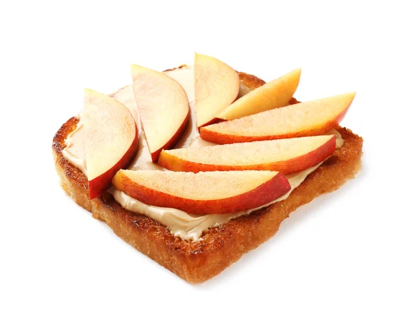 Delicious toast with peanut butter and pear on white background — Stock Photo, Image