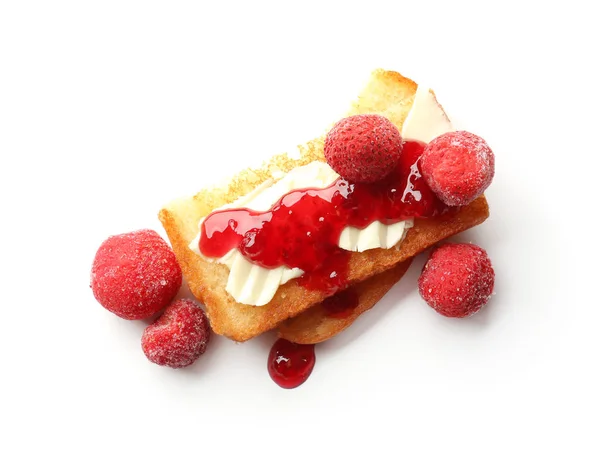 Delicious toast with strawberries on white background — Stock Photo, Image