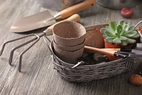 Metalen mand met pot plant en tuinieren hulpmiddelen op houten achtergrond — Stockfoto