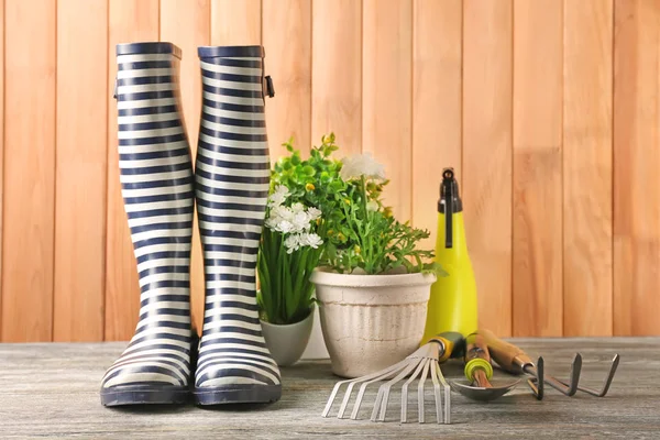 Rubber boots, pot plants and gardening tools on wooden background