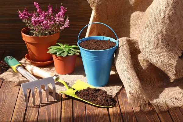 Pot plants and gardening tools on wooden table — Stock Photo, Image