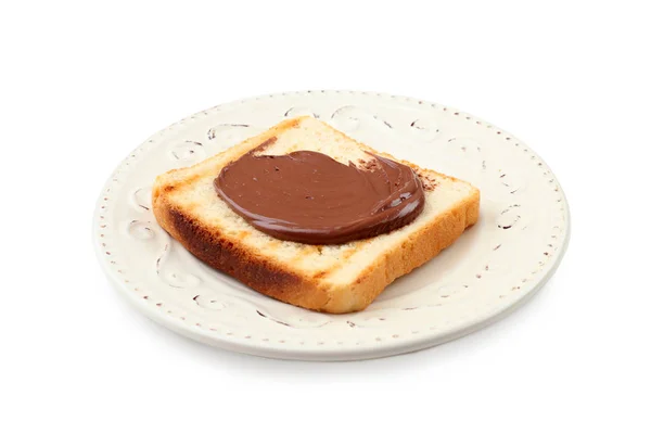 Toasted bread with chocolate paste on plate, isolated on white — Stock Photo, Image