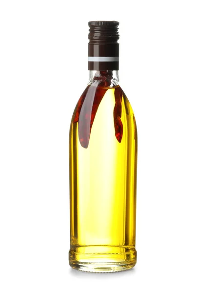 Glass bottle with olive oil on white background Royalty Free Stock Photos