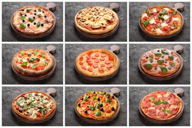 Gri arka planda lezzetli İtalyan pizzaları.