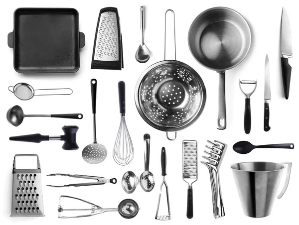Set of metal kitchen utensils on white background — Stock Photo, Image