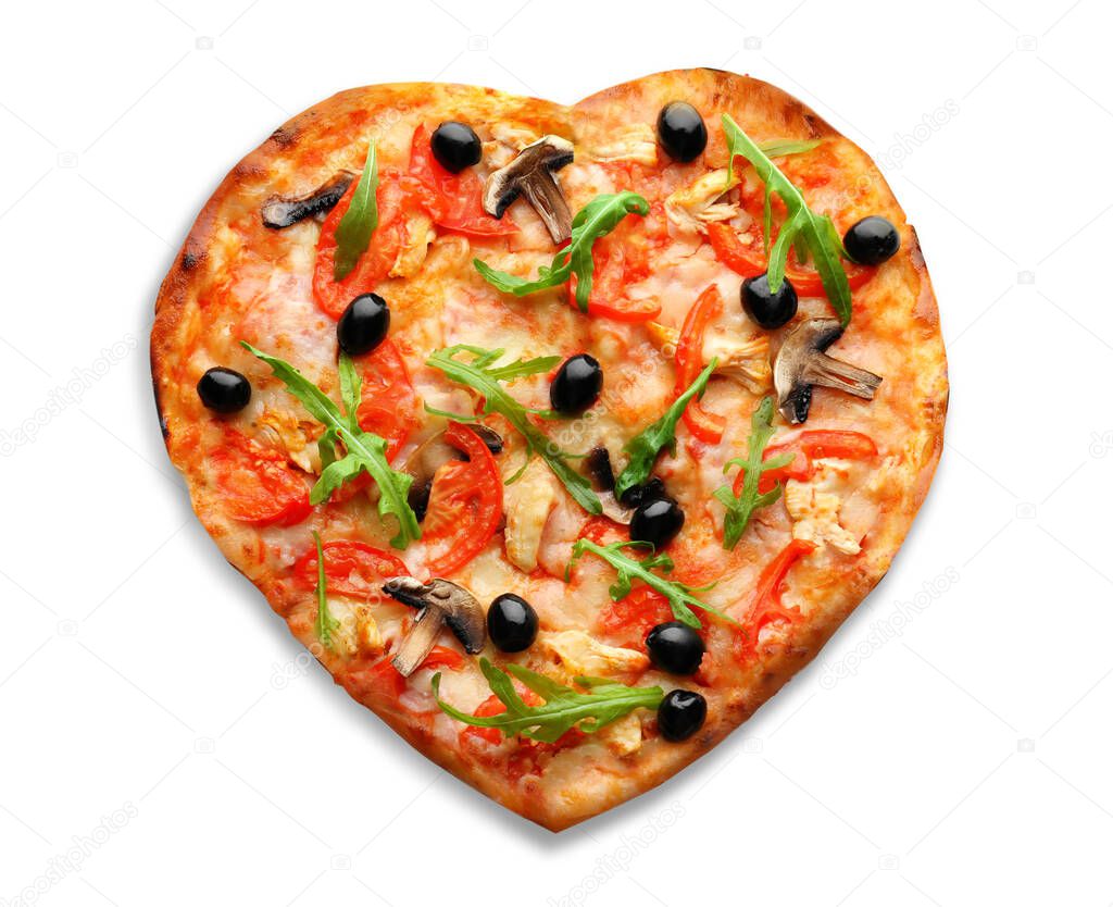 Heart-shaped Italian pizza with olives on white background