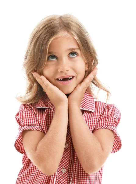 Flattered little girl on white background — Stock Photo, Image