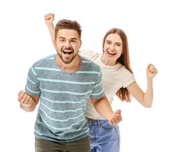 Retrato de feliz pareja joven sobre fondo blanco —  Fotos de Stock