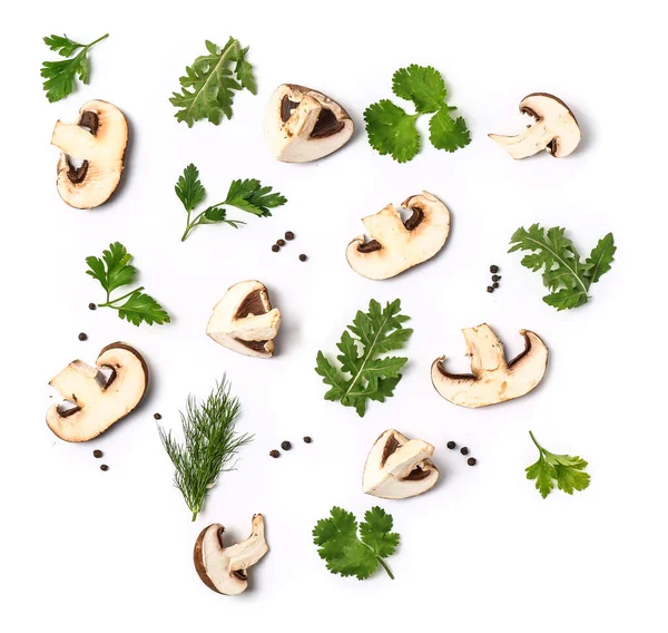 Fresh cut champignon mushrooms, herbs and spices on white background — Stock Photo, Image