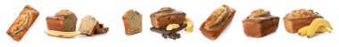 Collage with tasty banana bread on white background