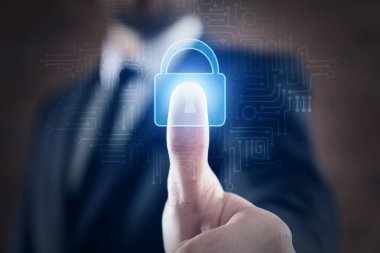 Businessman using fingerprint protection for data access, closeup 