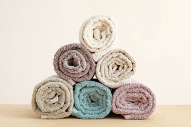 Soft clean towels on light background