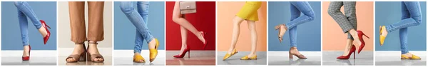 Kollázs lábakkal fiatal nő stílusos cipőben — Stock Fotó