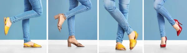 Koláž s nohama mladé ženy ve stylové boty na barevném pozadí — Stock fotografie