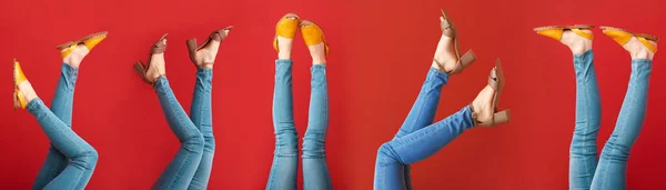 Коллаж с ногами молодой женщины в стильной обуви на цветном фоне — стоковое фото