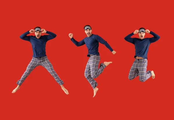 Collage mit springendem jungen Mann im Pyjama auf farbigem Hintergrund — Stockfoto