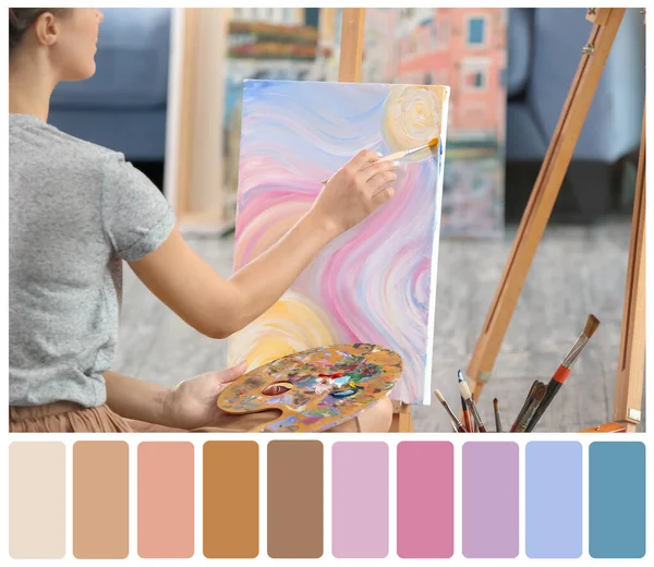 Umělkyně maluje obrázky v dílně. Různé vzory barev — Stock fotografie