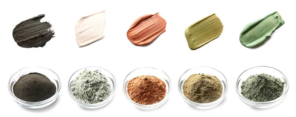 Collage con diverse argille cosmetiche su sfondo bianco — Foto Stock