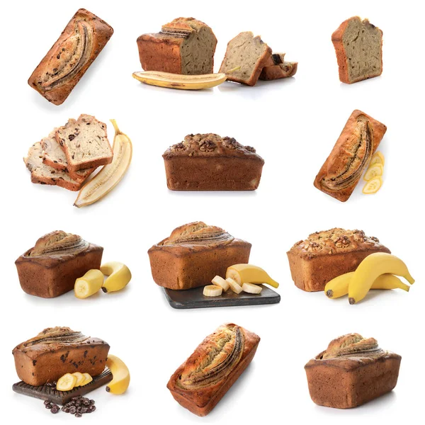 Collage with tasty banana bread on white background — Stock Photo, Image