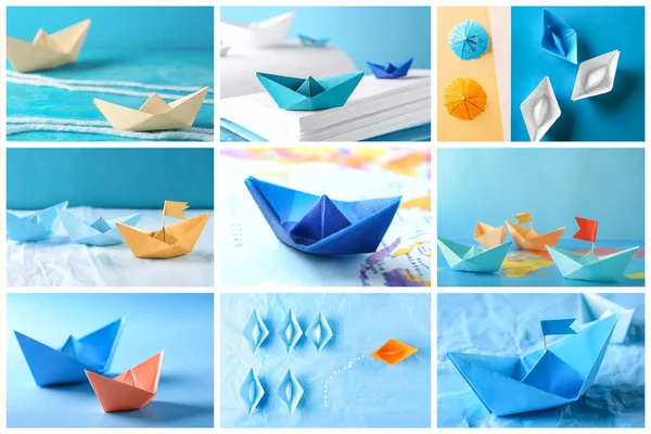 Set of photos with origami boats — Stock Photo, Image