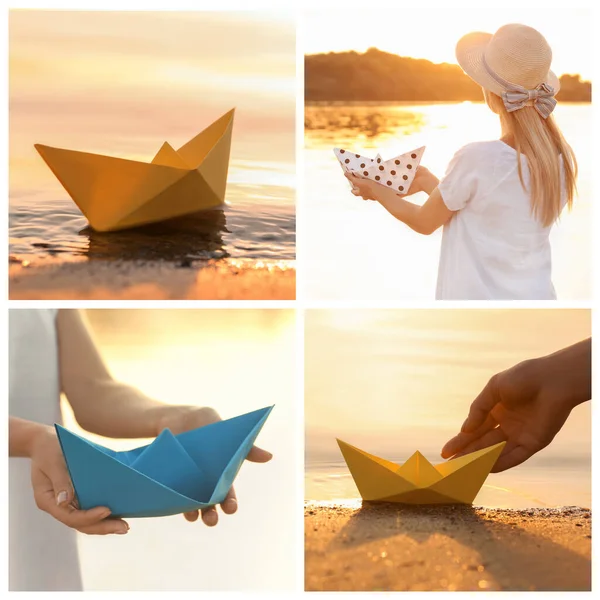 Set of photos with origami boats