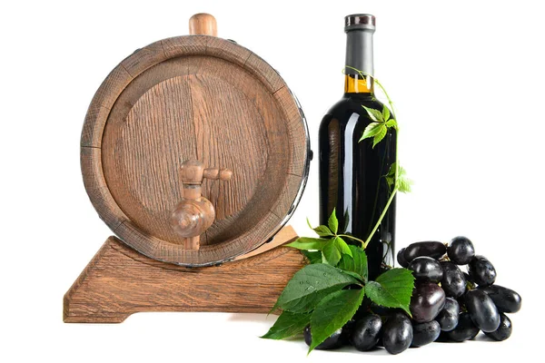Barrel and bottle with wine on white background — Stock Photo, Image