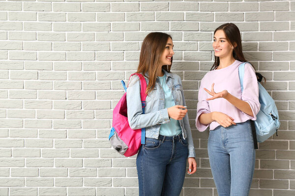 Beautiful female students on brick background