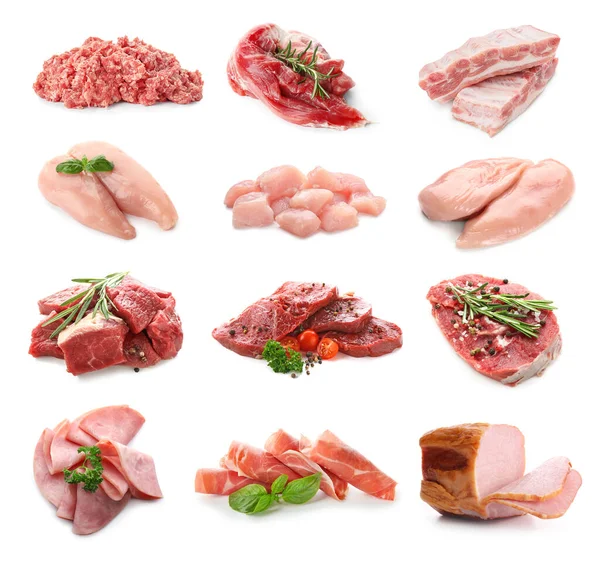 Set with different raw meat on white background Stock Photo