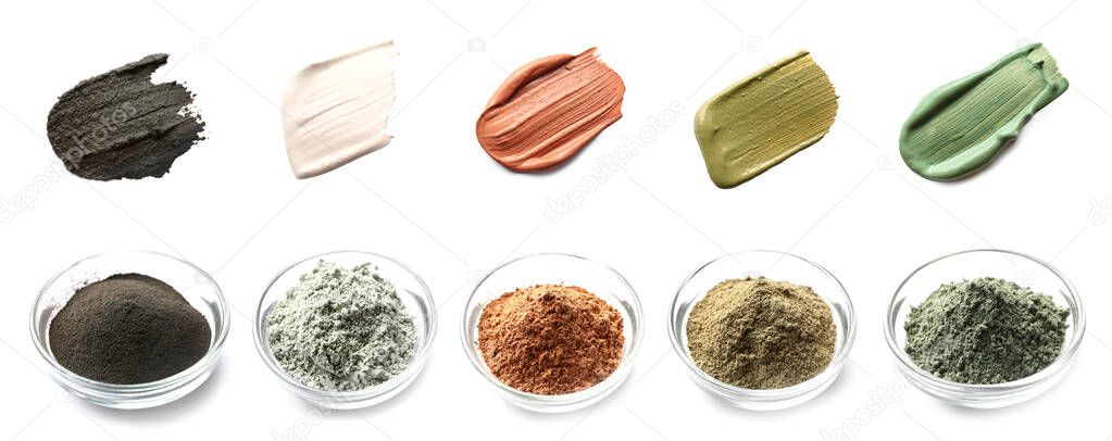 Collage with different cosmetic clays on white background