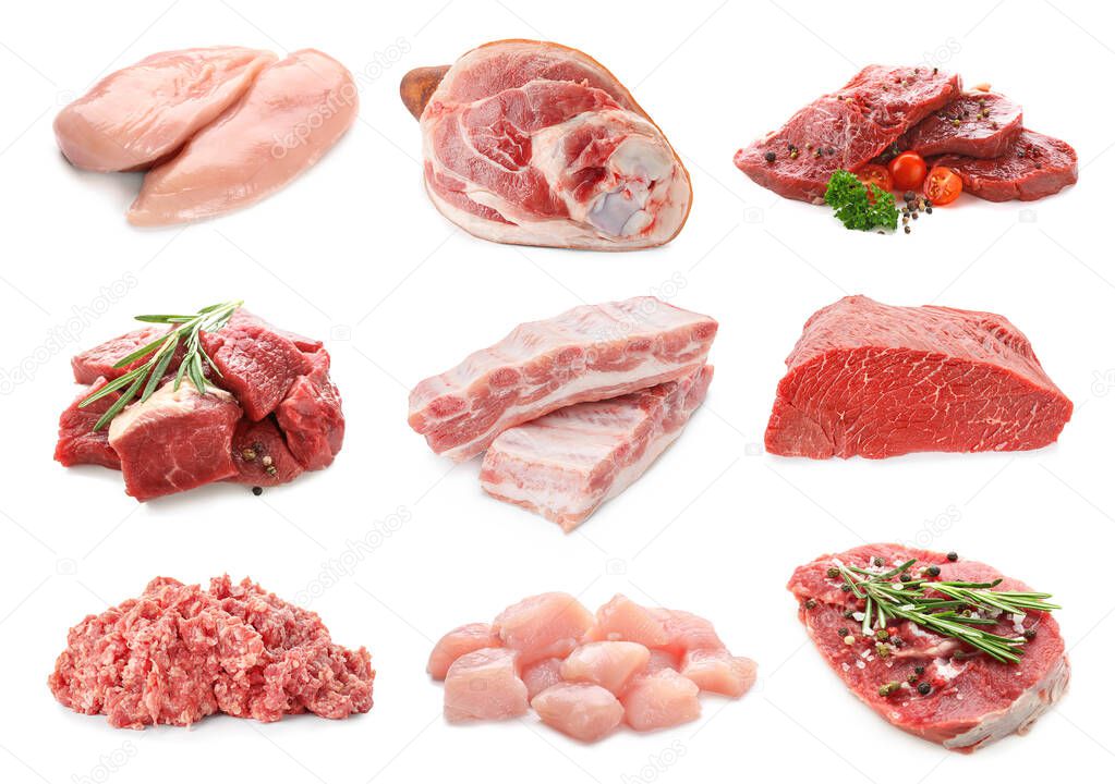 Set with different raw meat on white background