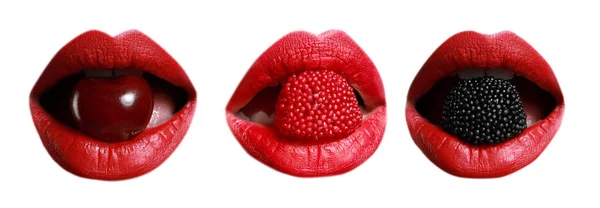 Collage de boca femenina con caramelos y cereza sobre fondo blanco — Foto de Stock