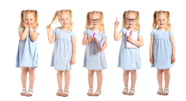 Colagem com adorável menina no fundo branco — Fotografia de Stock