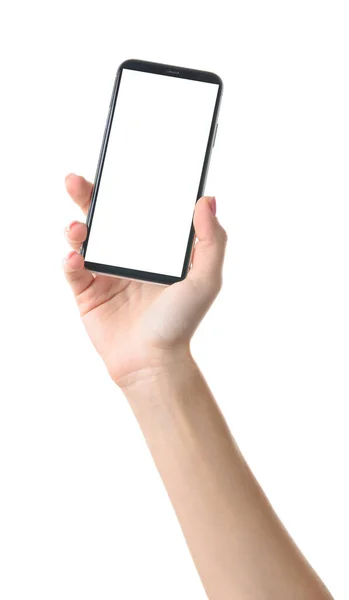 흰색 배경에 현대 휴대 전화를 갖고 있는 여성 손 — 스톡 사진