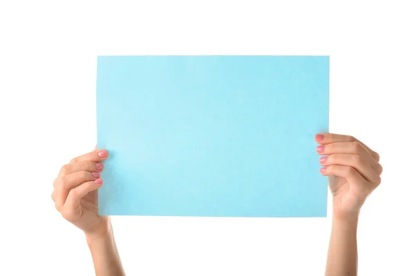 Female hands with empty sheet of paper on white background — Stock Photo, Image