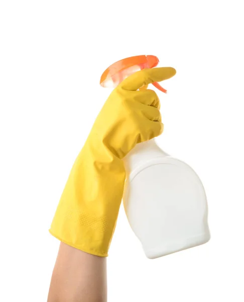 Tangan perempuan dalam sarung tangan pelindung dan dengan botol detergen pada latar belakang putih — Stok Foto