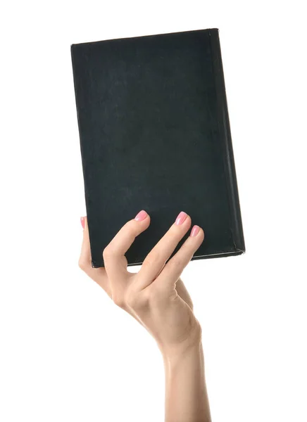 Female hand with book on white background — Stock Photo, Image